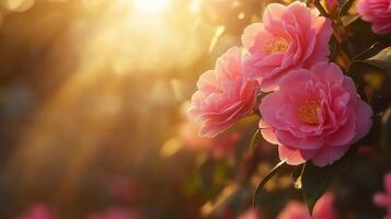 camellia pink flowers sunny morning natural light for copy text space in valentine concept. photo