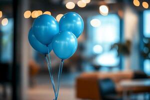 Abstract background featuring a blurred office interior decorated with blue balloons. blue Monday concept. photo