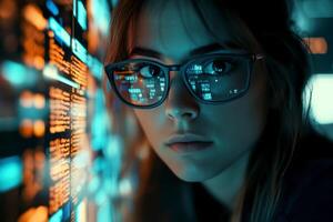 A female programmer typing source codes with a relaxing working environment. Studying, Working, Technology, Freelance Work, Web Design Business, and Web Development Concept. photo