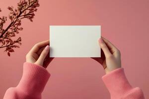Hand holding printed greeting card mock up, blank empty postcard isolated pink on natural flower background photo
