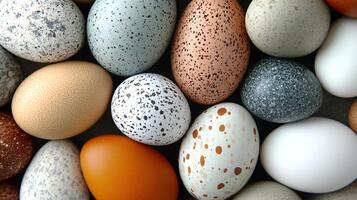 Close-up of various multicolored and speckled eggs on neutral background. photo