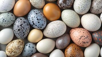 Variety of speckled bird eggs in various colors and patterns. photo