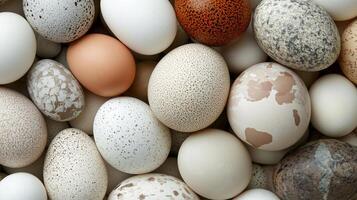 Close-up of various bird eggs with different colors and patterns. photo