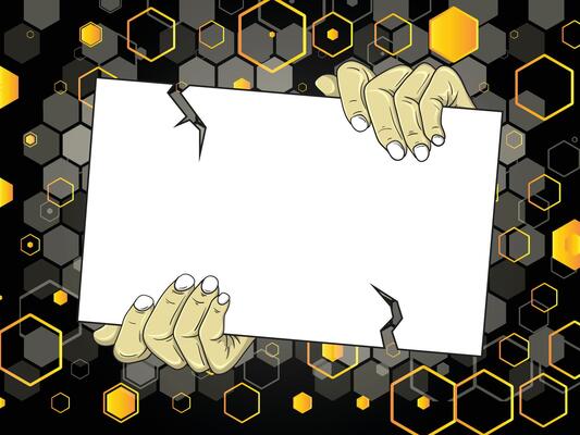 Gold hexagon abstract background with blank paper object in the center of the cartoon