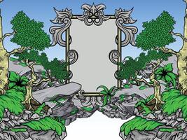 Background design of beautiful rocky view at high altitude with ornamental frame vector