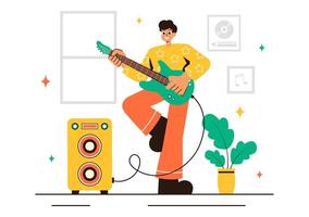 Musical Performance Illustration with Musicians Playing in a Group on a Cartoon Background vector
