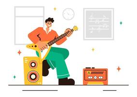 School of Music Illustration with Students Practicing Vocals and Playing Instruments in a Cartoon Style vector