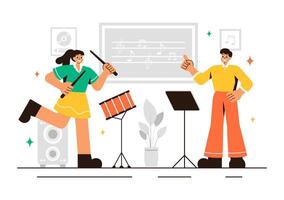 Illustration of a Music Workshop with Aspiring Musicians Practicing and Performing in a Cartoon Background vector