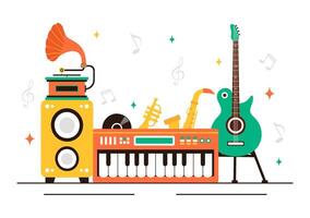 Illustration of a Music Studio with Artists Practicing and Learning in a Flat Style Cartoon Background vector