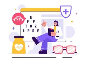 Flat Cartoon Illustration of an Optometrist Examining a Patient Eyes with Optical Technology and Vision Charts vector