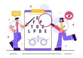 Optometry Illustration with Eye Testing Procedures and Spectacles in a Modern Flat Cartoon Background vector
