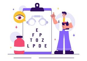 Vision Care Illustration featuring Optical Exams, Eye Testing Charts, and Spectacles in a Flat Style vector