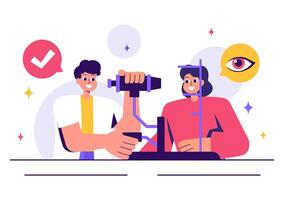 Eye Examination Illustration with an Optometrist Checking Vision and Modern Optical Tools in a Flat Style Background vector
