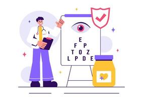 Ophthalmology Illustration with a Doctor Examining Eyes and Offering Optical Solutions in a Cartoon Background vector