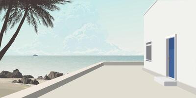 Minimalist building at seaside with silhouette palm trees have blue sky background graphic illustration. vector
