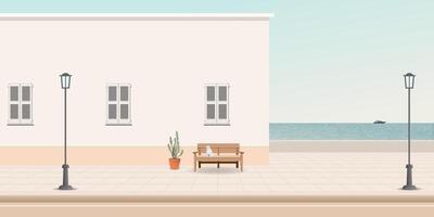 Minimalist pastel building at seaside with a cat sitting on bench have light blue sky background graphic illustration. vector