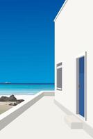 Minimalist building at seaside in sunny day have blue sky vertical background graphic illustration. vector