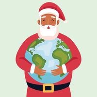 Santa hugging a globe, spreading a heartfelt message to love and protect Mother Earth this Christmas by adopting sustainable practices and caring for the environment vector