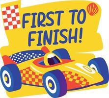 Flat sticker of a racing car with first to finish typography vector
