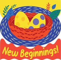 Flat sticker of a bird nest with new beginnings typography vector