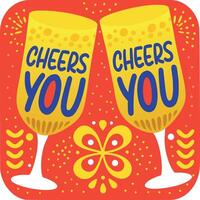 Flat sticker of celebration drinks with cheers you text vector