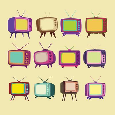 A colorful illustration featuring twelve retro-styled televisions with varying colors and designs