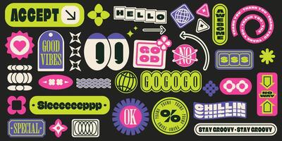 Retro Vibes 90s Inspired Stickers Featuring a Balloon, a Heart with Legs, and a Joyful Flower. Embrace the Good Vibes and Love with This Trendy Collection Stylish Patches, Stickers, Labels, and tags vector