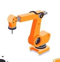 Isometric robotic arm picking up a small object. Object isolated on white background. Smart industry icon. Industrial robotic arm. vector