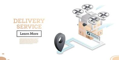 Drone delivery service technology. Isometric concept. Quadcopter with parcel. Map pointer. Drone delivers goods. Express delivery. vector