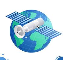 Isometric communication satellite with antenna flies in orbit around the globe. Objects isolated on white. Wireless technology. vector
