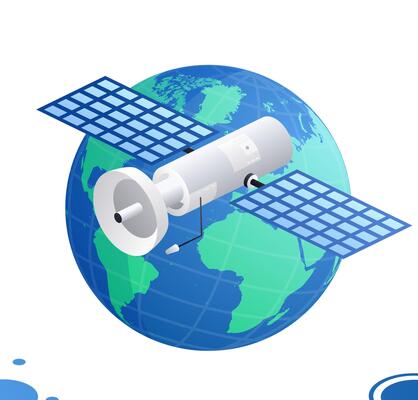 Isometric communication satellite with antenna flies in orbit around the globe. Objects isolated on white. Wireless technology.