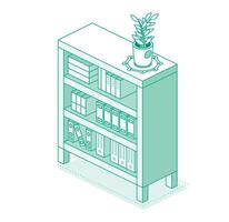 Isometric bookshelf with houseplant. Outline style with green lines. vector