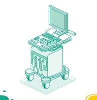 Ultrasound scanner machine with a screen. Isometric modern object isolated on white background. Outline style. Medical diagnosis system. Hospital equipment. Top view. vector