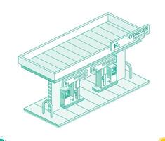 Hydrogen fuel filling station h2. Isometric outline concept. Object isolated on white background. Clean ecology energy. vector