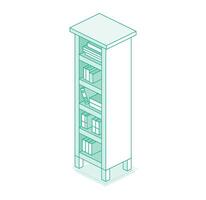 Isometric bookshelf. Outline style with green lines. vector