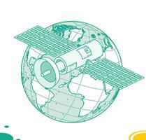 Isometric communication satellite with antenna flies in orbit around the globe. Objects isolated on white. Wireless technology. vector