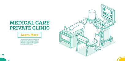 Caricature. Doctor examining patient while thinking about cost of the service on the monitor, but not the patient problem and illness. Ultrasound scan of the stomach to adult patient. Isometric style. vector