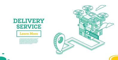 Drone delivery service technology. Isometric outline concept. Quadcopter with parcel. Map pointer. Drone delivers goods. Express delivery. vector