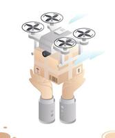 Drone delivers and puts a box in hands. Service technology. Isometric concept. Quadcopter with parcel. Drone delivers goods. Express delivery. vector