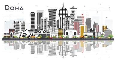 Doha Qatar City Skyline with Color Buildings and reflections Isolated on White. Business Travel and Tourism Concept with Modern Architecture. Doha Cityscape with Landmarks. vector