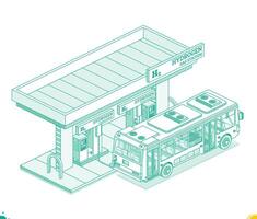 Bus near hydrogen fuel filling station h2. Isometric outline concept. Object isolated on white background. Clean ecology energy. Alternative energy and zero emission. vector