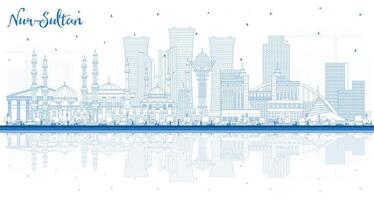 Outline Nur-Sultan Kazakhstan City Skyline with Blue Buildings and reflections. Nur-Sultan Cityscape with Landmarks. Business Travel and Tourism Concept with Modern Architecture. vector
