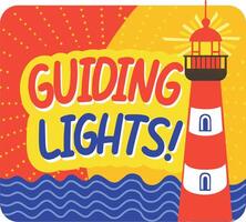 A flat sticker of a lighthouse with guiding lights text vector