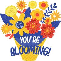 Flat sticker of a flower bouquet with blooming text vector
