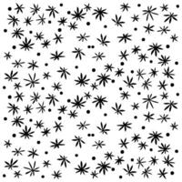 Black starburst patterns and dots on a white background, A monochrome pattern featuring various stars scattered across a black and white background. vector