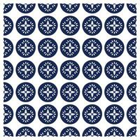 geometric circle with flower print pattern, A blue and white repeating circular pattern on a square fabric. vector
