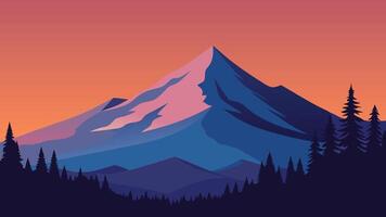 Picturesque snowy mountain scene with trees, complemented by a stunningly colorful sky flat illustration vector