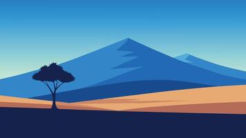 Solitary tree stands in a vast field, framed by majestic mountains in the background under a clear blue sky flat illustration. vector