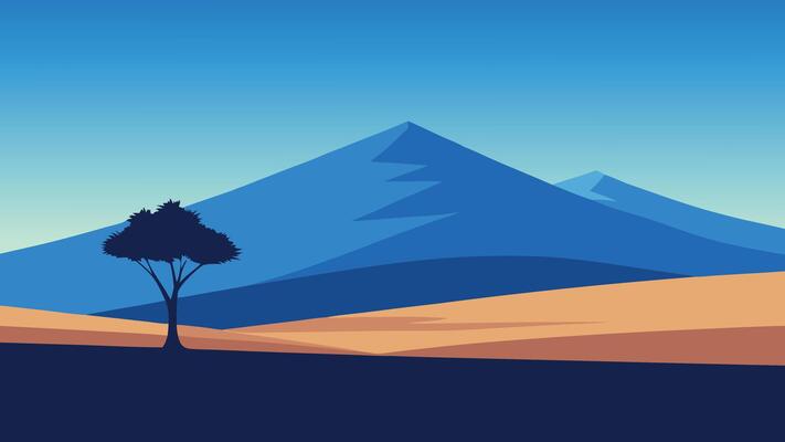 Solitary tree stands in a vast field, framed by majestic mountains in the background under a clear blue sky flat illustration.