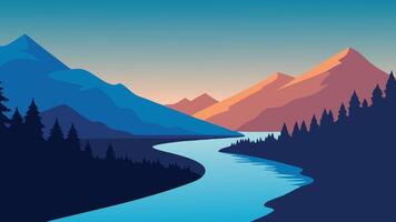 tranquil river flows between towering mountains, framed by vibrant trees and soft clouds in the sky flat illustration natural background vector